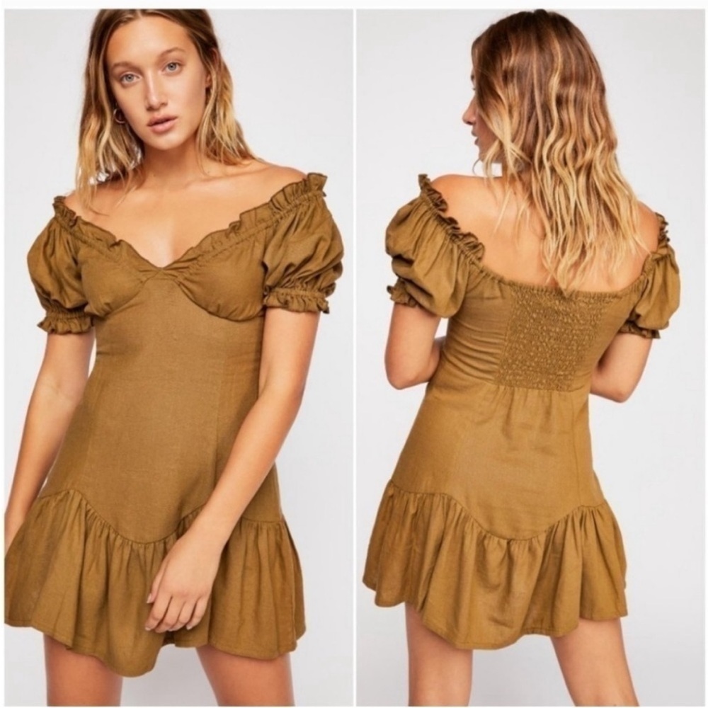 Jens Pirate Booty x Free People Night Bird Dress Linen Rayon Ruffles Green/Brown